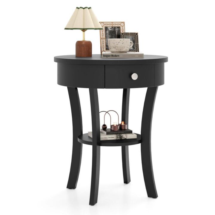 Hivvago 2-Tier Wood Round End Table with Open Drawer