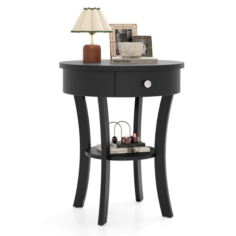 Hivvago 2-Tier Wood Round End Table with Open Drawer