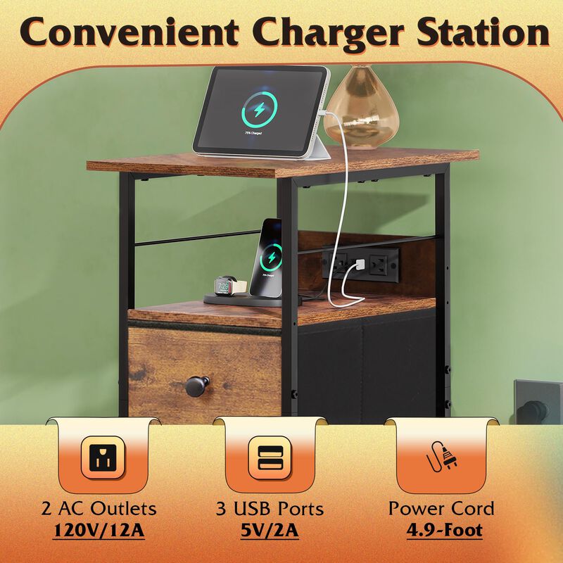 WLIVE Narrow Side Table with Charging Station, End Table with LED Lights,2 Fabric Drawers and Open Shelf, Bed Side Tables Living