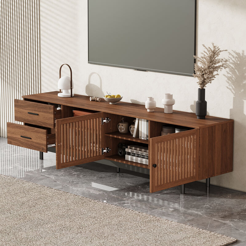 Merax Entertainment Center with Slatted Doors, Drawers & Open Shelves, Adjustable Storage image number 2