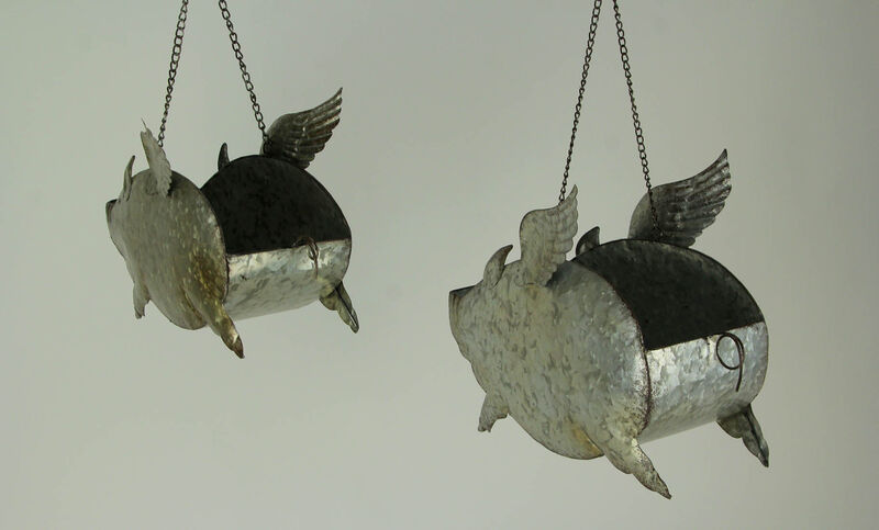 Distressed Galvanized Metal Flying Pig Hanging Planter Set of 2 - Indoor/Outdoor image number 2