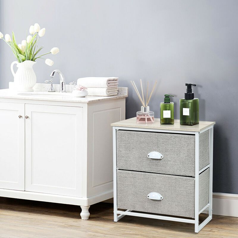 Metal Frame Nightstand Side Table Storage with 2 Drawers-Grey