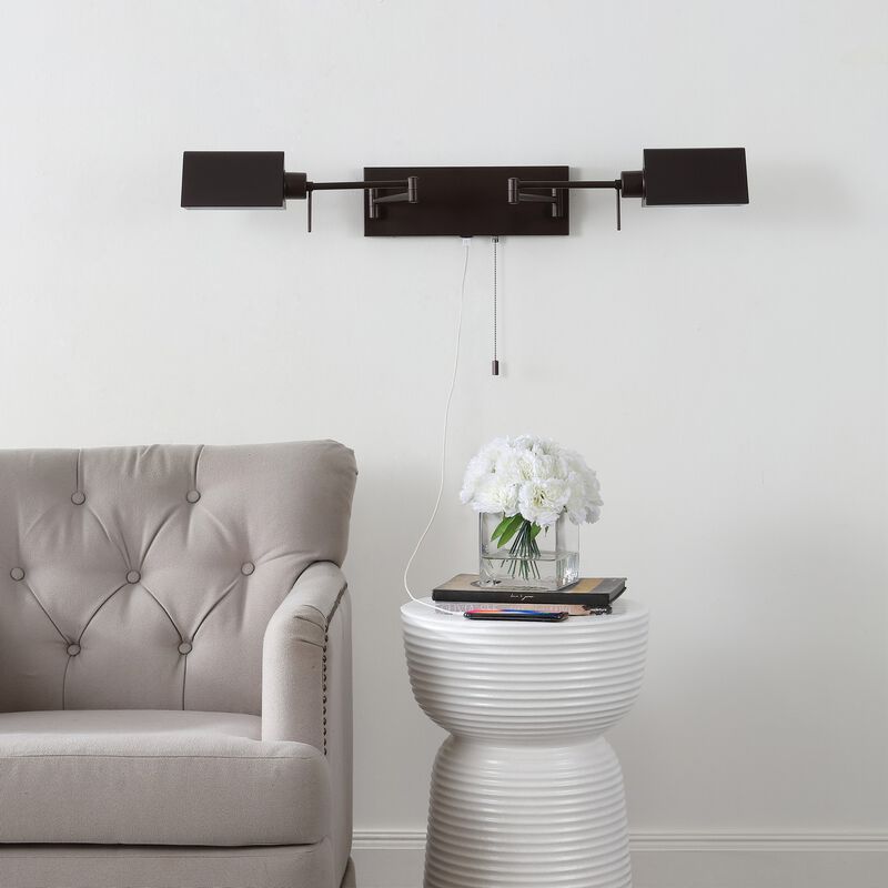 Arlo 54" 2-Light Farmhouse Industrial Double Swing Arm Iron LED Wall Sconce with Pull-Chain USB Charging Port