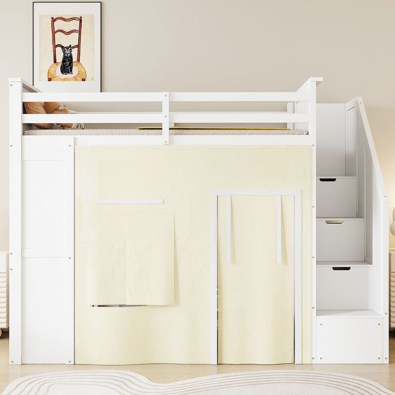 Merax Twin Size White Loft Bed with Desk, Storage Staircase, Drawers & Blackout Curtain image number 1