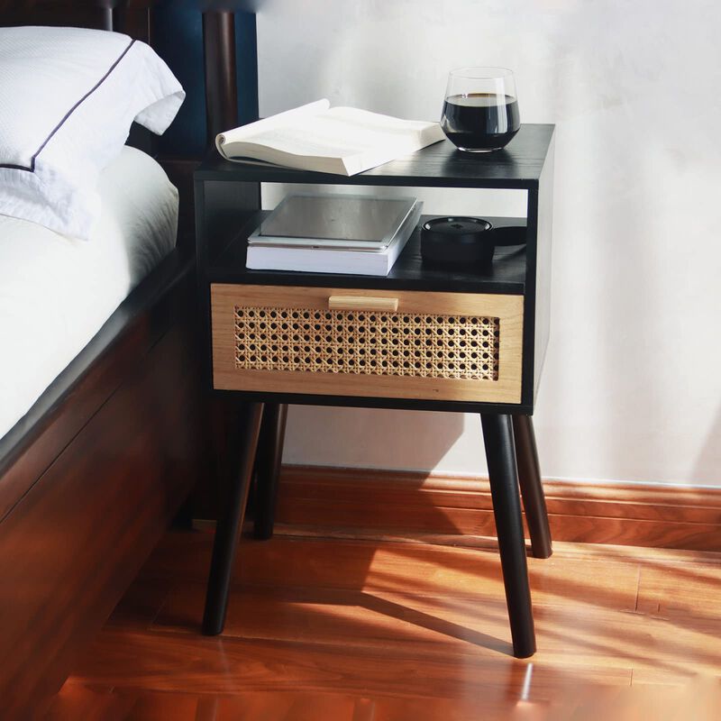 MaxSmeo End Table with Storage Mid Century Nightstand with Rattan Drawer and Shelf, Wood Small Side Coffee Table for Small Space