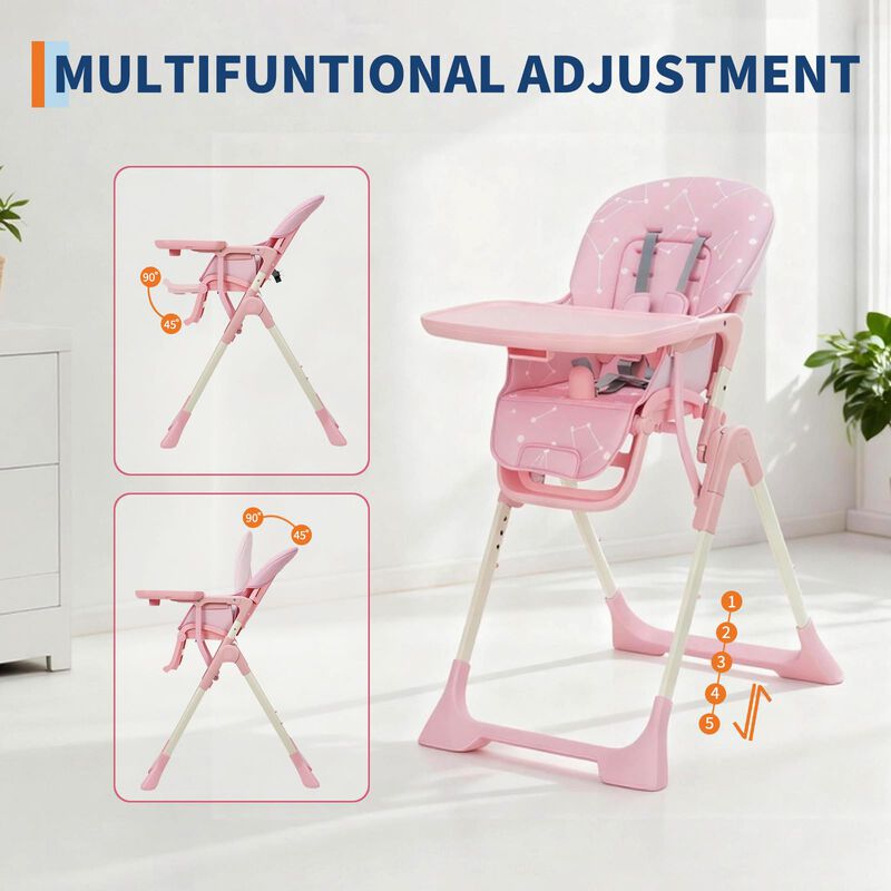 Adjustable Collapsible Baby High Chair &ndash; Reclining Backrest, Footrest, Removable Tray, Fast Folding for Babies & Toddlers image number 2