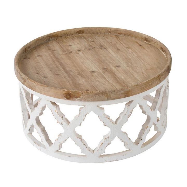 Benjara 32 Inch Coffee Table, Carved Wood, Round Tray Top, Brown and White Finish