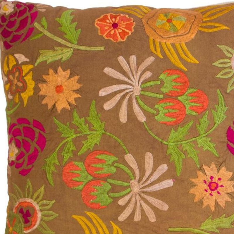 HomeRoots Set of Two 20" Brown Green And Pink Floral Cotton Throw Pillows with Embroidery image number 2