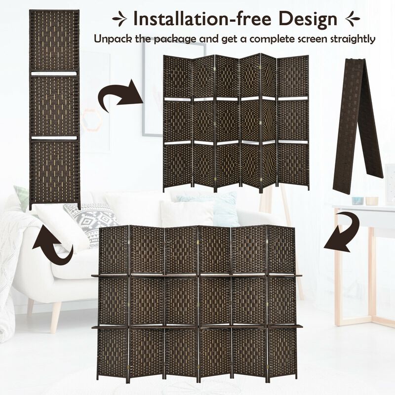 6 Panel Folding Weave Fiber Room Divider With 2 Display Shelves