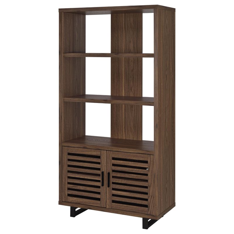 Doxx Bookcase, Slatted Cabinet, Black Open Frame Legs, Walnut Brown - Benzara