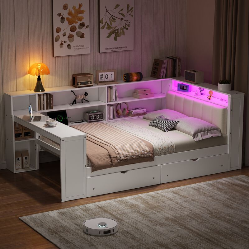 Merax Bed with Storage Shelves, Drawers, Charging Station, LED