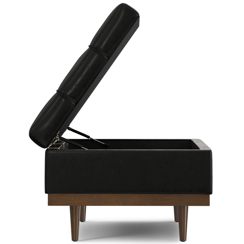 Mariah 34 inch Wide Contemporary Rectangle Coffee Table Storage Ottoman in Midnight Black  PU Black faux leather, Assembled