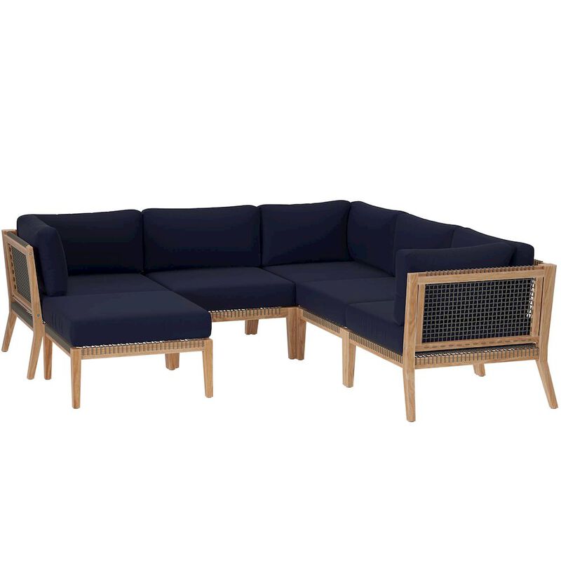 Modway Clearwater 6-Piece Outdoor Patio Teak Wood Sectional Sofa