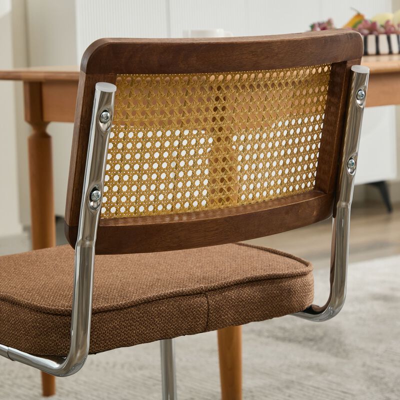 Whisen 2-Piece Mid Century Dining Chairs, Linen Upholstered with Cane Back & Chrome Base, Cantilever Design for Kitchen image number 8