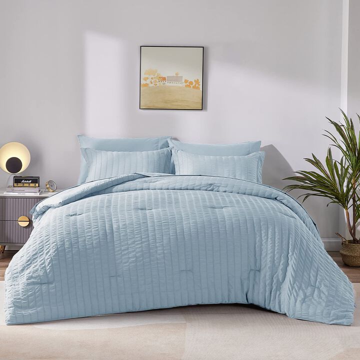 CozyLux Queen Seersucker Comforter Set with Sheets Light Blue Bed in a Bag 7-Pieces All Season Bedding Sets with Comforter, Pill