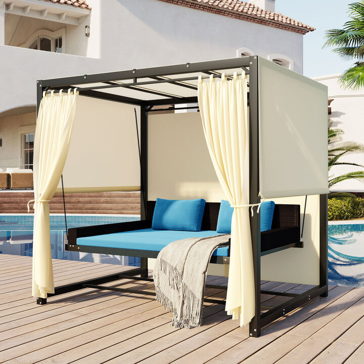 2-3 People Outdoor Swing Bed, Adjustable Curtains, Suitable For Balconies, Gardens And Other Places