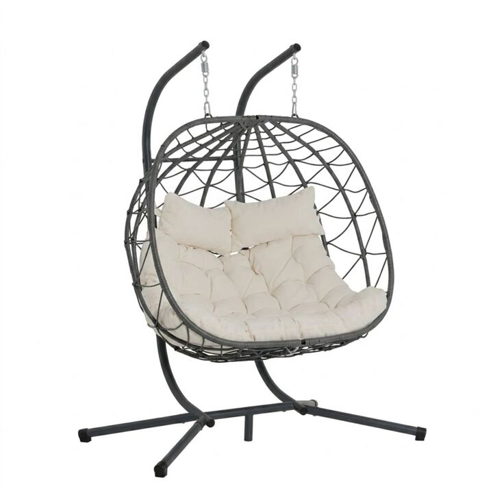 WOW PIONEER 2 Person Indoor Outdoor Hanging Egg Swing Chair with Stand Wicker Patio Hanging Basket Chair