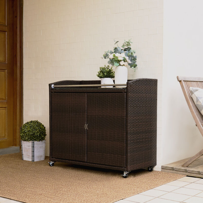 Veronica Outdoor Portable PE Rattan Serving Cart with Wheels, Brown image number 6