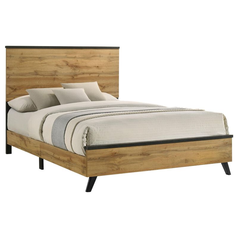 Wemy King Size Bed, Tall Panel Headboard, Natural Brown Pine Finish - Benzara