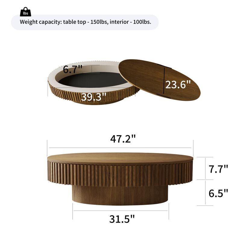Oval coffee table with storage Solid wood veneer and MDF modern coffee table with fluted base Accent tea coffee table for living room image number 2