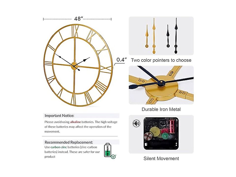 48 Inch Large Wall Clock Living Decor Easy Assembly KD Silent Non Ticking Modern