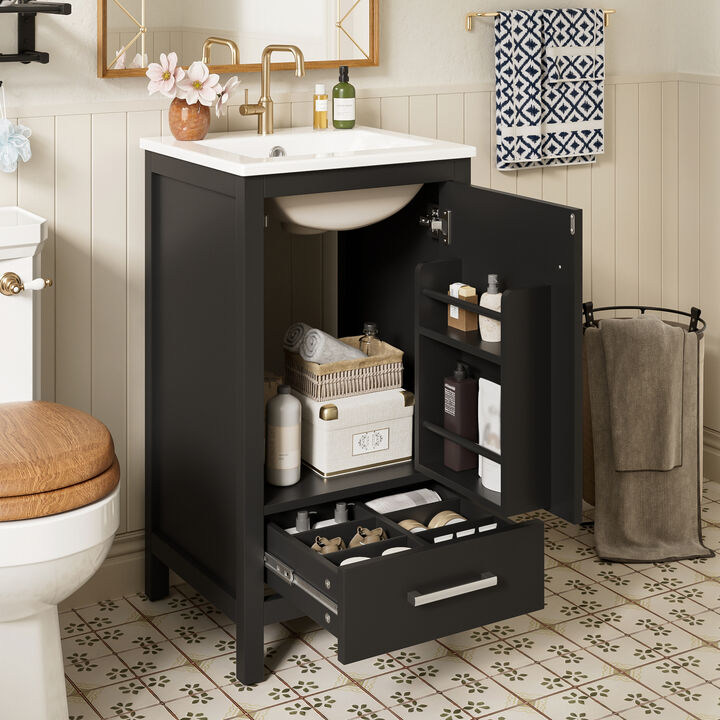 ELEMENT ACE Compact Bathroom Vanity with Integrated Ceramic Sink, Soft-Close Drawer & Door, Divider Drawer, Adjustable Foot Pads for Small Bathrooms