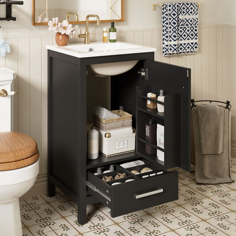ELEMENT ACE Compact Bathroom Vanity with Integrated Ceramic Sink, Soft-Close Drawer & Door, Divider Drawer, Adjustable Foot Pads for Small Bathrooms image number 1