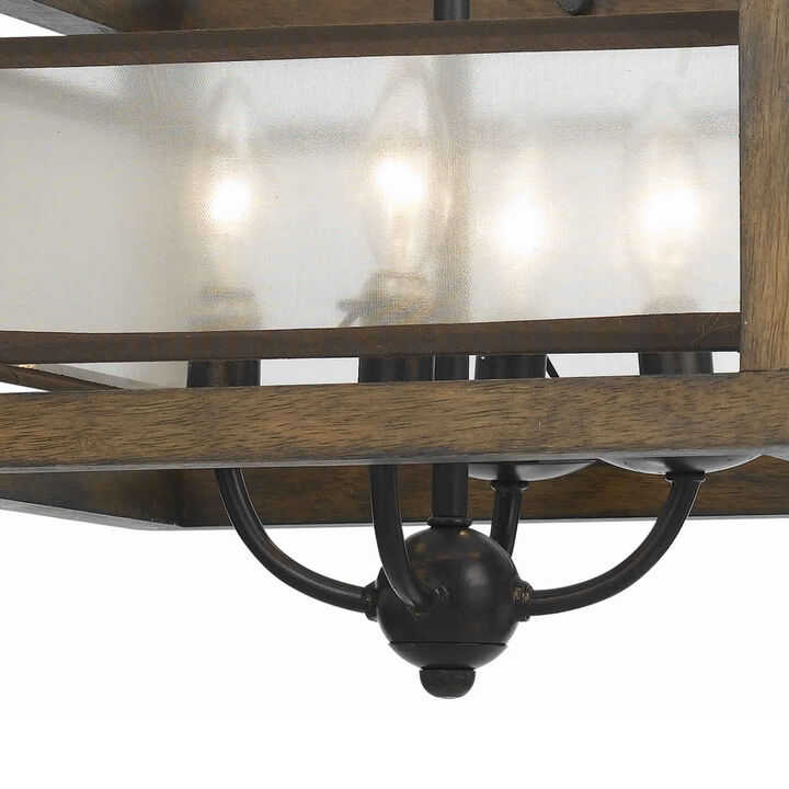 4 Bulb Semi Flush Pendant with Wooden Frame and Organza Striped Shade,Brown - Benzara