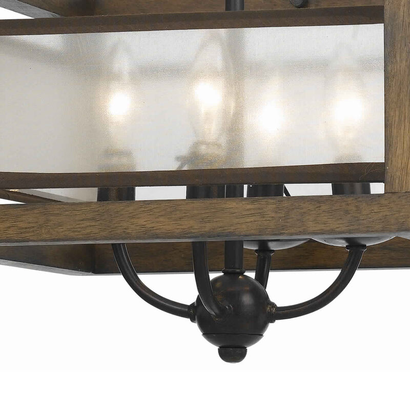 4 Bulb Semi Flush Pendant with Wooden Frame and Organza Striped Shade,Brown - Benzara