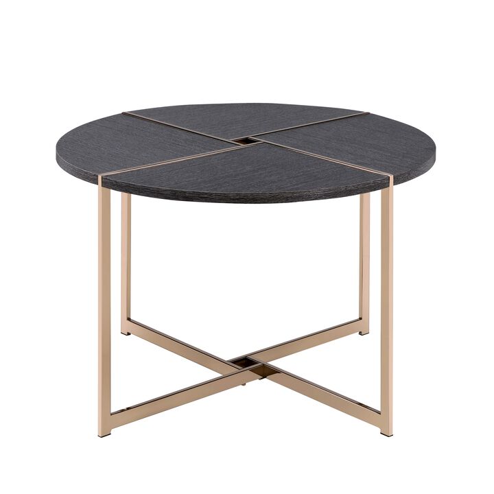Coffee Table with X Shaped Metal Base and Round Wooden Top, Gold and Gray