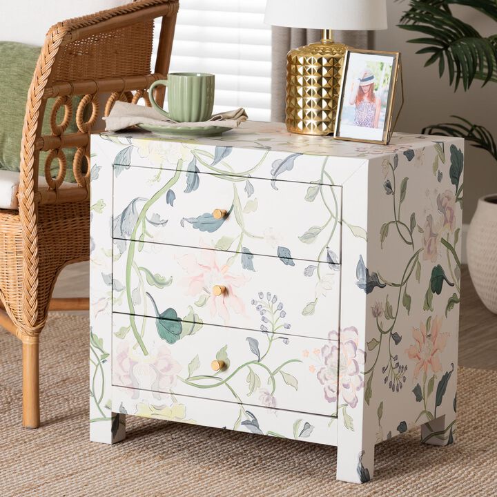 Baxton Studio Connery Floral  End Table - 3-Drawer Decorative Accent Storage Cabinet