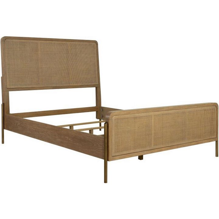 Sea Wood Queen Size Bed with Woven Cane Design, Open Panel, 4 Slats, Brown - Benzara