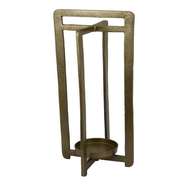 Eya 25 Inch Modern Tabletop Candle Lantern with Round Plate, Gold Metal  - Benzara