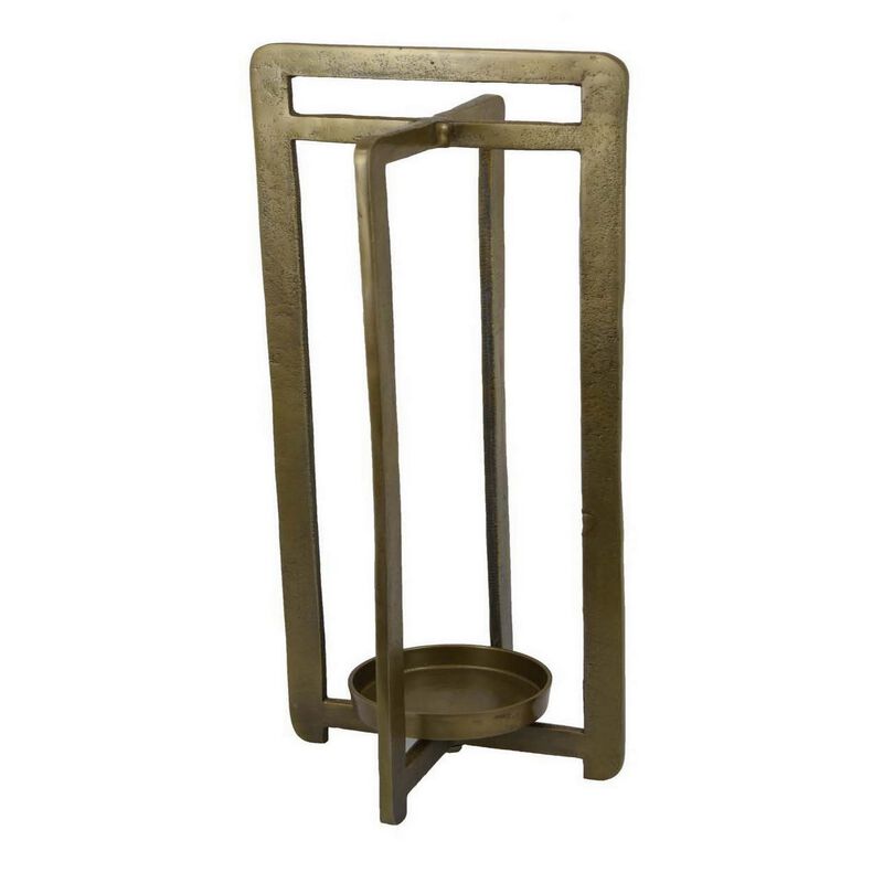 Eya 25 Inch Modern Tabletop Candle Lantern with Round Plate, Gold Metal  - Benzara