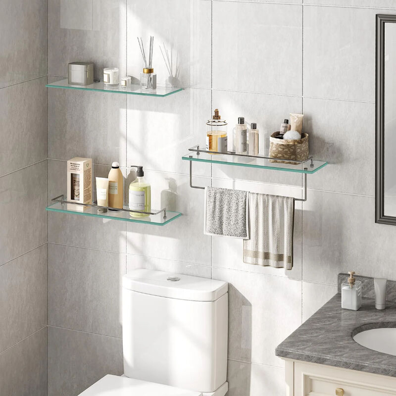 Wall-Mounted Glass Shelves Set of 2 with Durable Stainless Steel Frame-Silver image number 4
