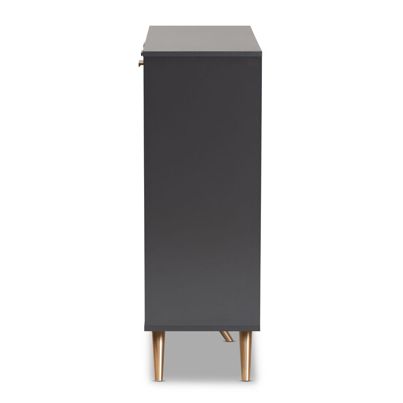 Baxton Studio Kelson Modern Dark Grey and Gold Finished Wood 3 Door Shoe Cabinet