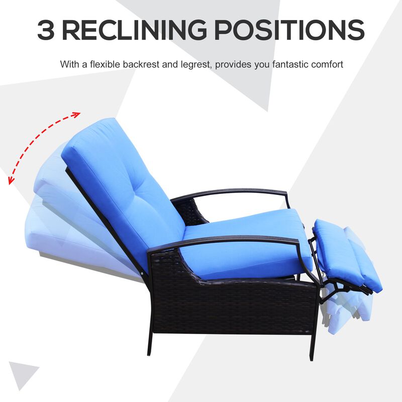 Blue Wicker Comfort: Adjustable Rattan Recliner for Patio & Poolside