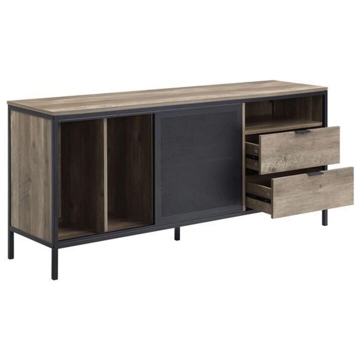 TV Stand with Metal Frame, Rustic Oak Brown and Black-Benzara