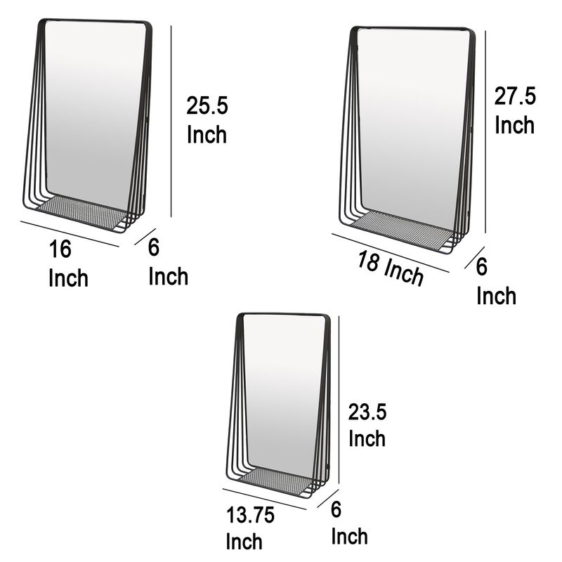 3pc Decorative Wall Mirror with Shelf Set, Black Metal Rectangular - Benzara