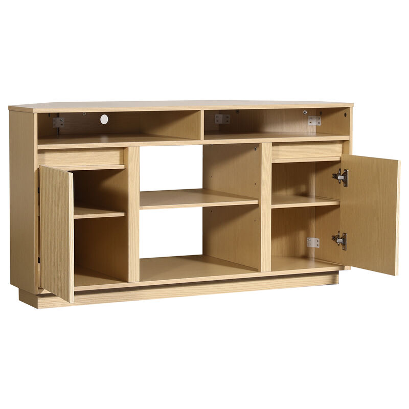 47" Modern Natural Oak Wood Fluted Door Corner TV Stand Media Console with Open Shelf and Cabinet for TVs up to 50" image number 7
