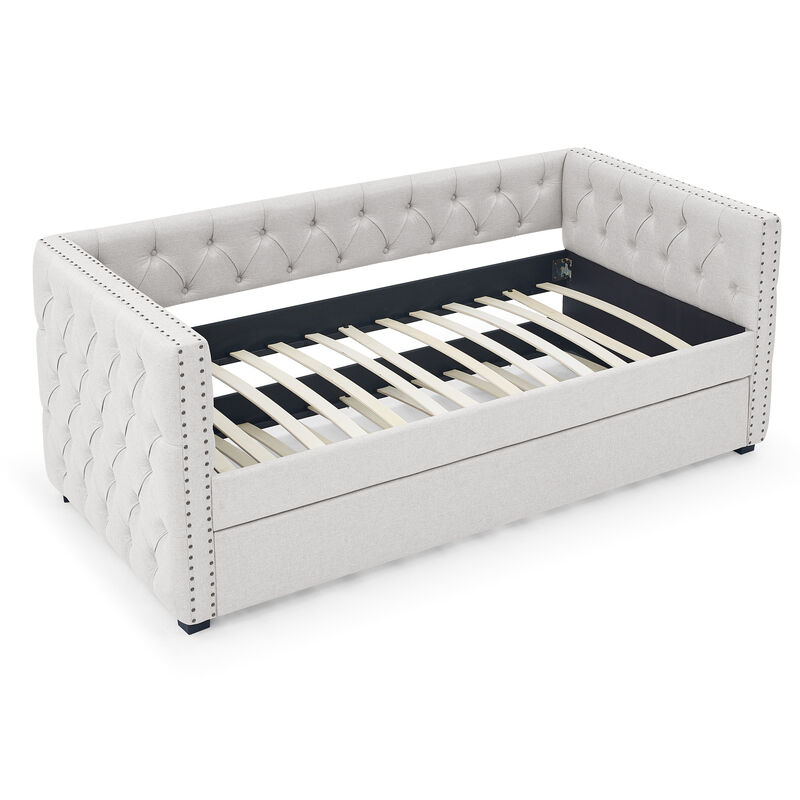 TATEUS Functional Upholstered Daybed - Twin Size with Pull-out Trundle Bed