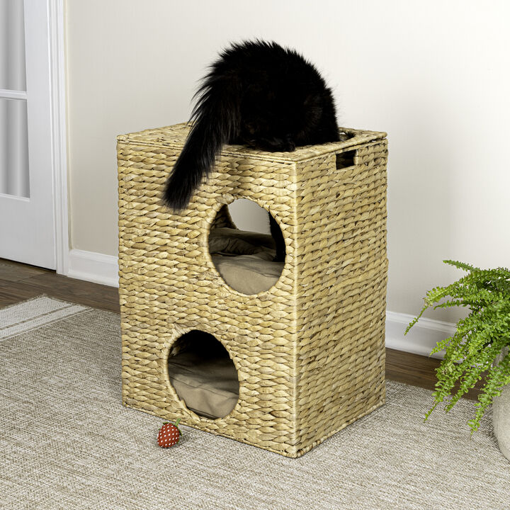 Jaxon Modern Classic 2-Tier Handwoven Hyacinth Rectangular 5-Hole Cat Condo with 2 Machine-Washable Cushions