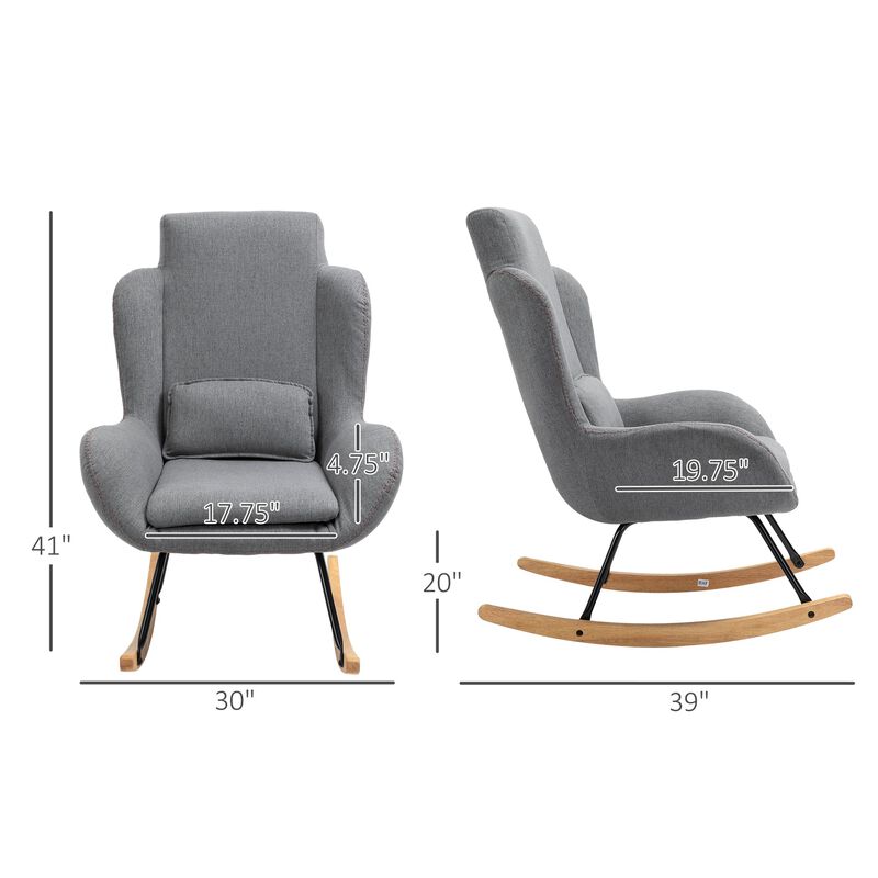 Modern Rocking Chair with Removable Lumbar Pillow Fabric Sofa Armchair with Thick Padding, Metal Frame, Wood Base for Living Room, Light Grey