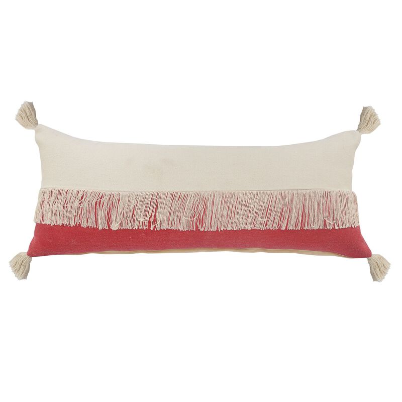 36" Red and White Fringe Color Block Lumbar Throw Pillow image number 1