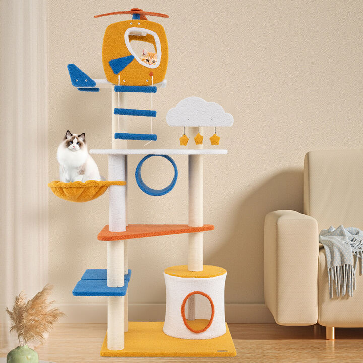 Tall Aviation-themed Cat Tree with Helicopter Top Perch and Platforms