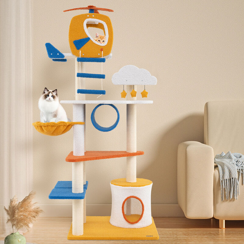 Tall Aviation-themed Cat Tree with Helicopter Top Perch and Platforms
