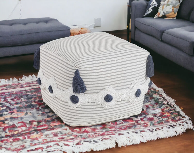 Handwoven Round Cotton Ottoman Pouf for Living Room or Bedroom