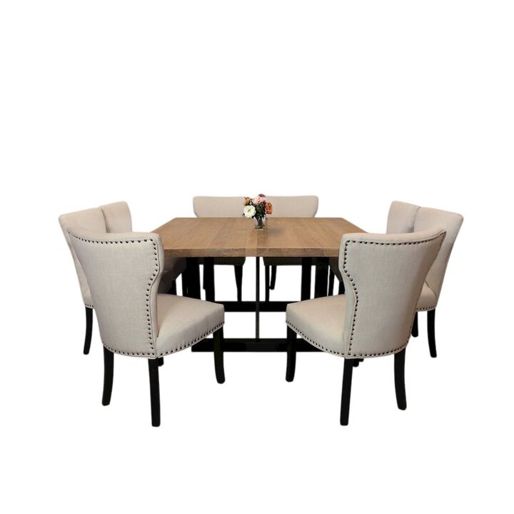 9-Piece Dining Set 8 Jill Dining Chairs in Ivory Fabric Antique Brown Legs