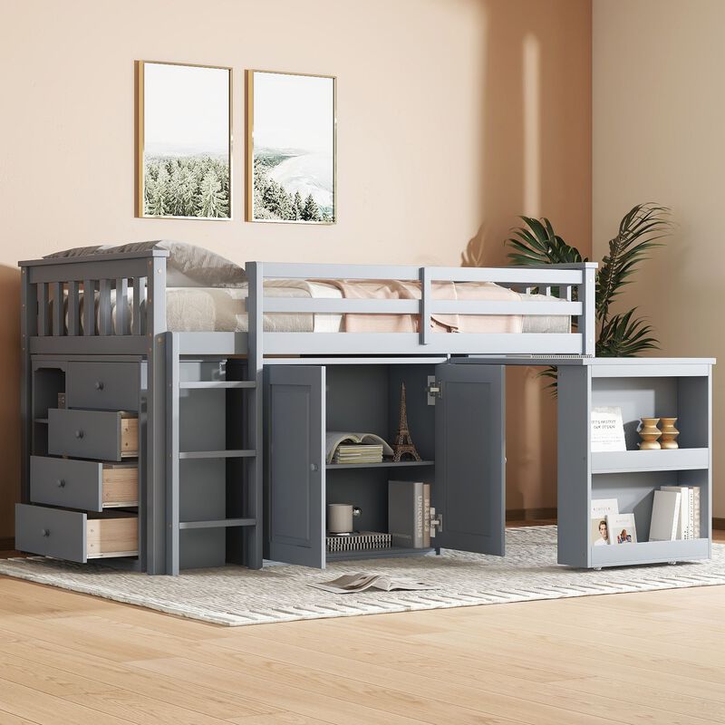 Whisen Twin Loft Bed with Drawers, Built-in Cabinet and Pulling-Out Desk, Rubber Wood Loft Bed with Safety Guardrail and Ladder - Gray