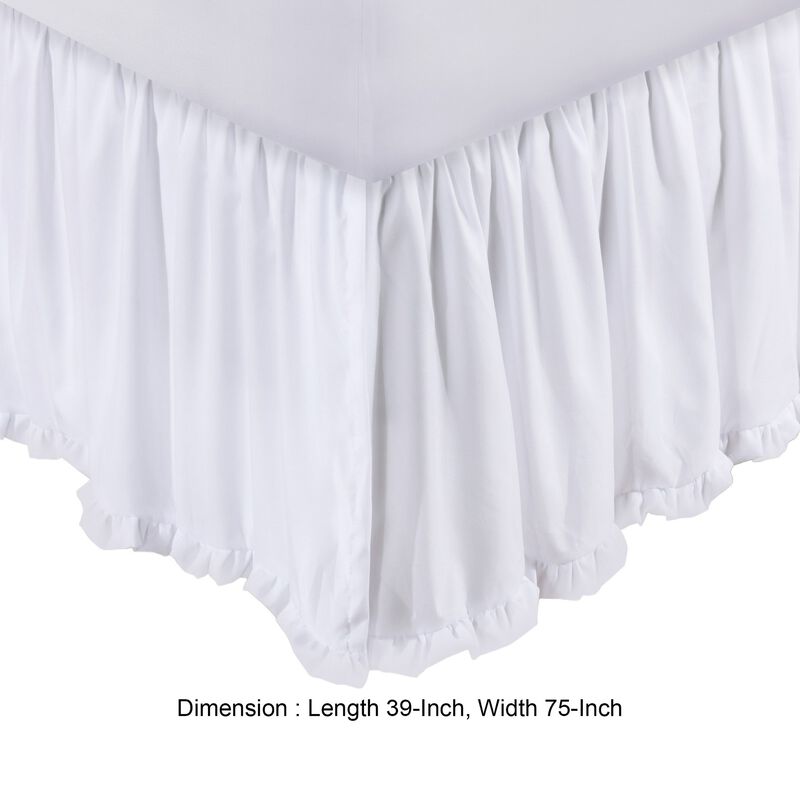 Mora Twin Bed Skirt, Polyester Platform, Split Corners, Ruffle Edge, White  - Benzara